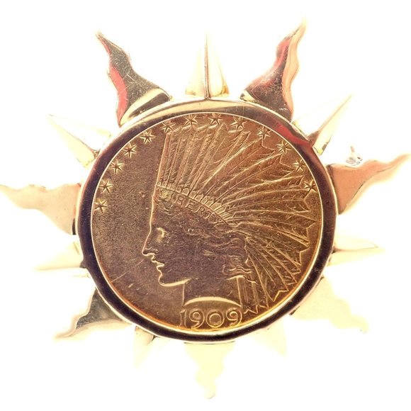 Authentic! Verdura 18k Yellow Gold 22k Yellow Gold $10 US Coin Pin Brooch - Picture 9 of 9